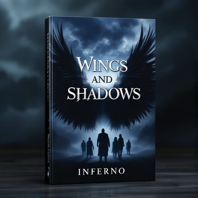 A set of majestic, dark wings spread across the cover, their feathers casting intricate shadows against a backdrop of a stormy, twilight sky. At the center, mysterious shadowy figures emerge from the darkness, hinting at movement and hidden powers.