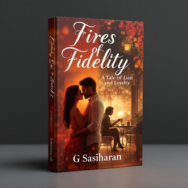 The book cover features a split image with the left half depicting a couple in a passionate embrace, their faces close in a deep, vibrant kiss. The right half shows the couple at a small café table, sharing an intimate moment over coffee. The background transitions seamlessly from fiery reds behind the kiss to soft, comforting browns behind the café scene, symbolizing the balance between lust and loyalty.