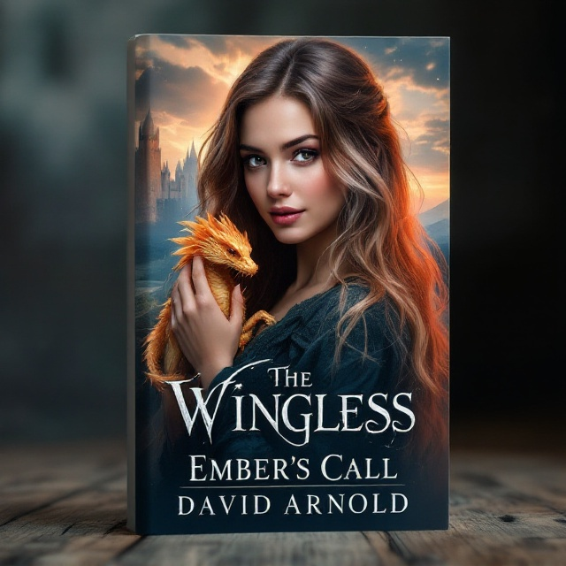 The cover features a portrait of the striking female character with long, flowing silver/auburn hair cascading around her shoulders. Her piercing eyes engage the reader directly, while a mysterious smile plays on her lips. The small golden-orange dragon is elegantly perched on her shoulder, highlighted with a shimmer to emphasize its fantastical element. Behind her, a misty landscape fades into a twilight horizon, with a silhouette of a majestic castle partially obscured by ethereal clouds, evoking an aura of mystery and adventure. The overall illustration exudes an enchanting atmosphere, balancing a sense of wonder and drama.
