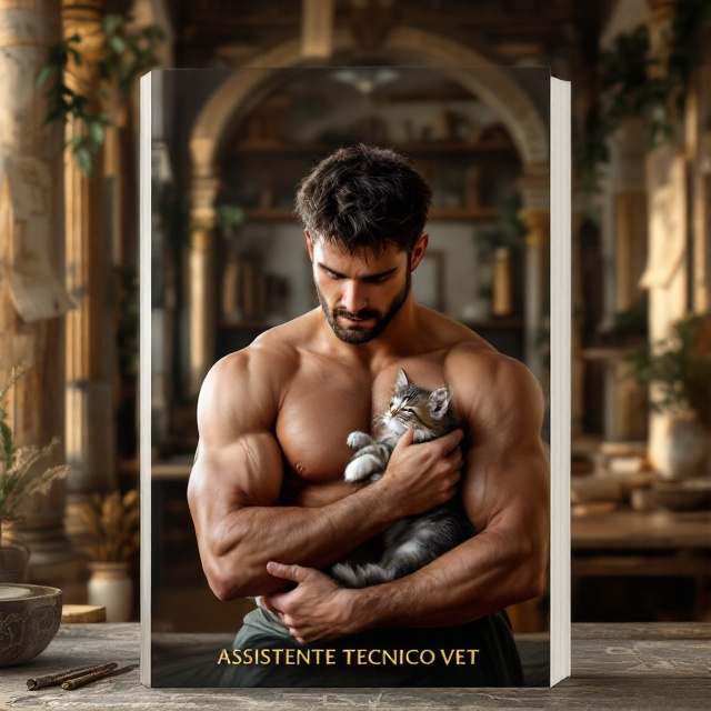 A muscular, handsome Roman male soldier, bare-chested, cradling a kitten lovingly close to his face. The background is a detailed representation of an ancient Roman veterinary clinic with marble columns, rustic shelves filled with scrolls, and herbs hanging from the beams, creating a sense of antiquity and warmth.