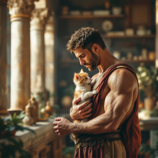 A charismatic, bare-chested Roman soldier with a muscular build stands gracefully, cuddling a small, adorable kitten face-to-face. The soldier’s gentle expression contrasts with his strong physique. The background depicts an idealized ancient Roman veterinary clinic, featuring stone columns, shelves with ancient medicinal scrolls and herbs, and soft, natural lighting that bathes the scene in warmth. The overall image evokes a balance between strength and gentility, academic yet charmingly sexy.