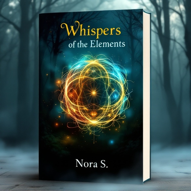 A dark, mysterious forest enveloped in mist forms the background. In the center, a glowing circle made up of four elemental symbols—wind, earth, fire, and water—intertwines with tendrils of light and shadow. The elements slightly overlap to create a harmonious yet tense visual, hinting at their power. Subtle highlights and shadows add depth, enhancing the mystical feel.