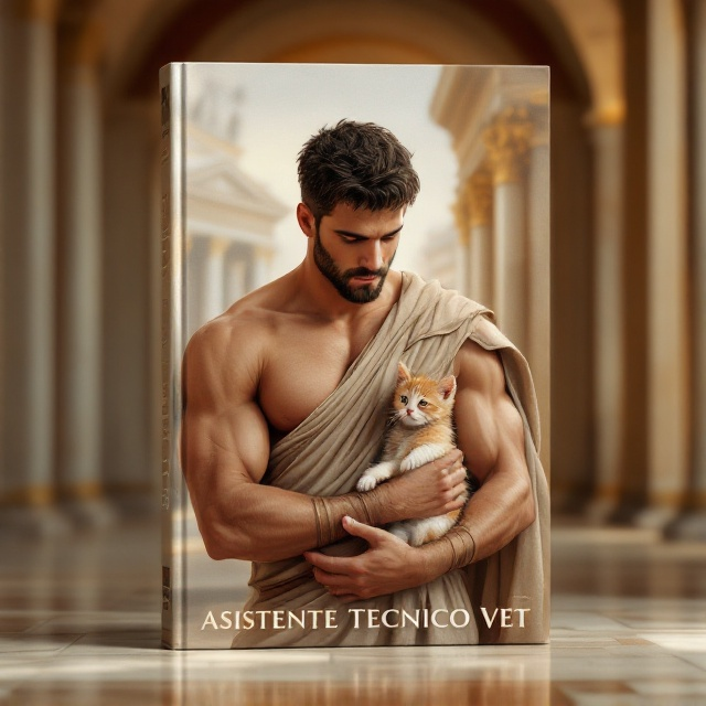 The cover features a young, muscular, and handsome Roman male soldier in a graceful pose, gently cuddling a small, adorable kitten. They are positioned centrally to capture focus. Behind them, a detailed but soft-focus illustration of an ancient Roman veterinary clinic subtly fills the background, complete with architectural elements like Roman columns and marble textures that give a classic academic feel. The overall color palette includes warm earth tones, with hints of gold, to evoke a feeling of antiquity and warmth.
