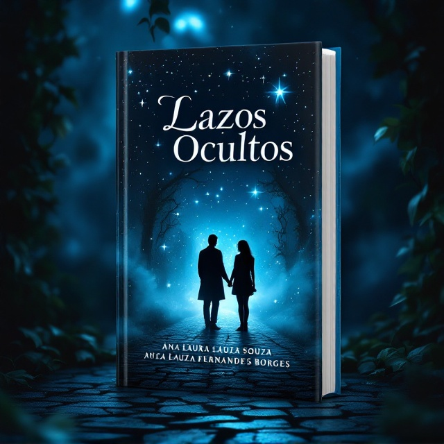 The cover features a mysterious dark blue night sky with twinkling stars as the background. In the foreground, a silhouette of two figures slightly apart from each other stands on a cobblestone path partially obscured by mist, suggesting both mystery and romance. Ivy leaves creep along the sides of the cover, hinting at hidden connections. The shadows and mist enhance the suspenseful feel.