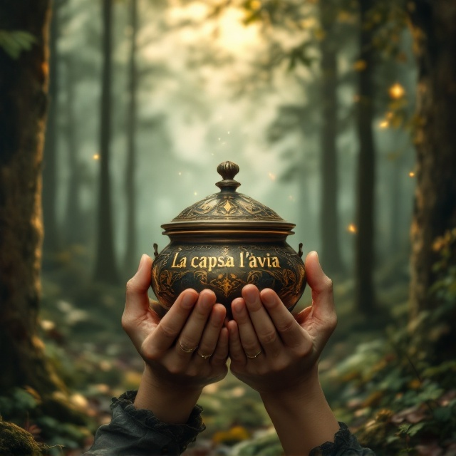 An antique, intricately designed small cofre being gently held by three hands, symbolizing three generations - grandmother, mother, and granddaughter - against a mystic woodland backdrop. Shadows of tall trees in a mountainous village at Moncayo peek through the background mist, with subtle witchcraft symbols delicately floating around. The overall color palette has deep forest greens, rustic browns, and warm golden glows, encapsulating themes of legacy and familial love.
