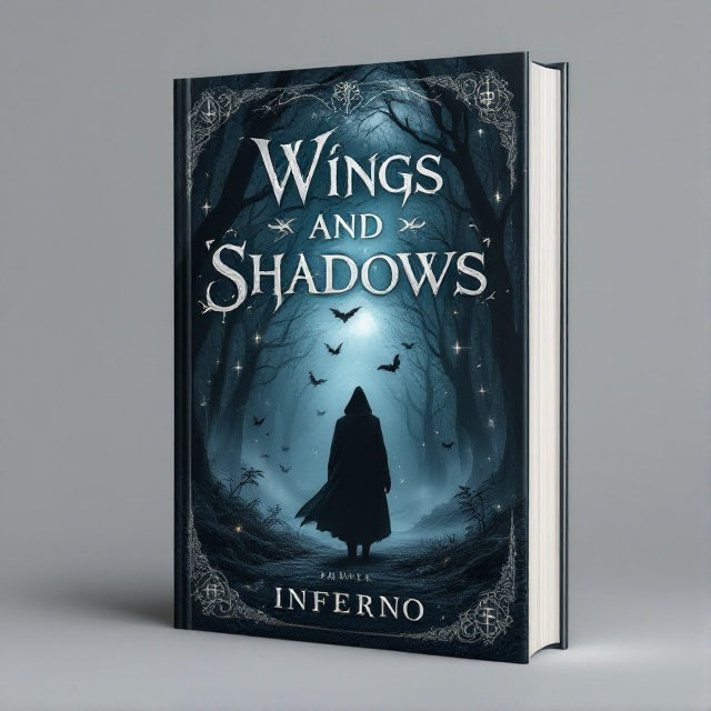 A dark, enigmatic forest enveloped in mist fills the background, with shadowy winged creatures soaring across the dimly lit sky. A silhouette of a cloaked figure stands amidst the trees, hinting at an impending journey. Elements of glowing runes and mystical symbols gently float around the edges.
