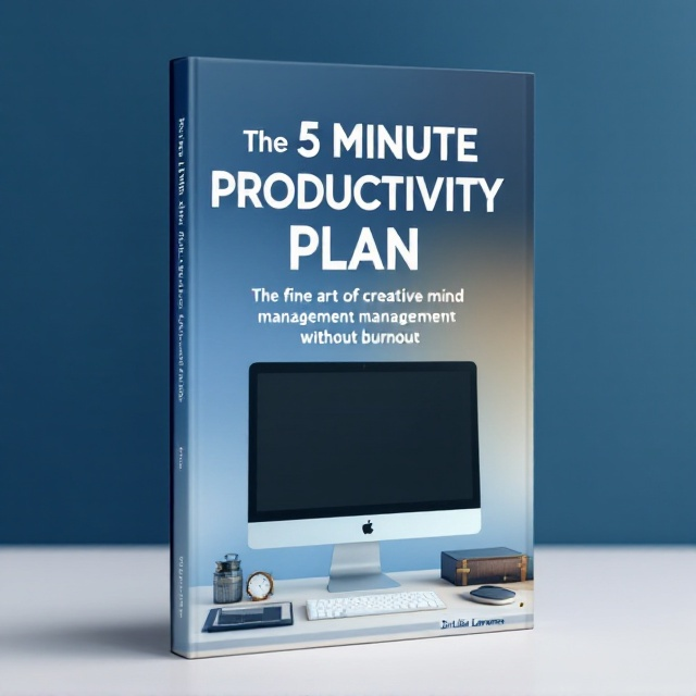 A dynamic scene with a modern work desk occupies the lower half of the cover, featuring a sleek computer, an elegant timepiece, and a pristine diary that implies organization. The background showcases a gradient of medium to darker blue that transitions from top to bottom, adding depth. The upper part of the cover carries the title in bold, capturing the essence of a productive and energetic workspace where everything seems perfectly aligned.
