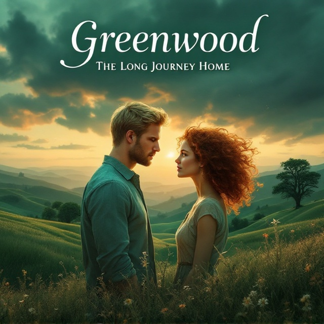 A vivid scene depicting a blonde stocky male and a thin curly auburn-haired female gazing at each other with longing. They are positioned on gentle, rolling hills under the deepening colors of a dusk sky. The soft glow of the setting sun amplifies the emerald green hues of the landscape. In the background, elements hinting at a darker plot twist, such as ominous, shadowy clouds and distant silhouettes of archaic trees, subtly blend into the backdrop.