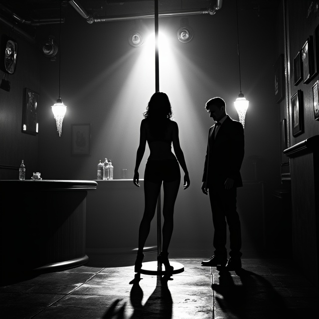 A striking illustration of a dimly lit nightclub scene in black and white, where a central figure, a female silhouette, elegantly spins around a shiny stripper pole. In the background, a sharply dressed, mysterious mafia boss lurks in the shadows, watching intently. The club's interior is subtly indicated, with hints of luxurious textures and ambient lighting that dance through the space, suggesting both happiness and underlying pain.