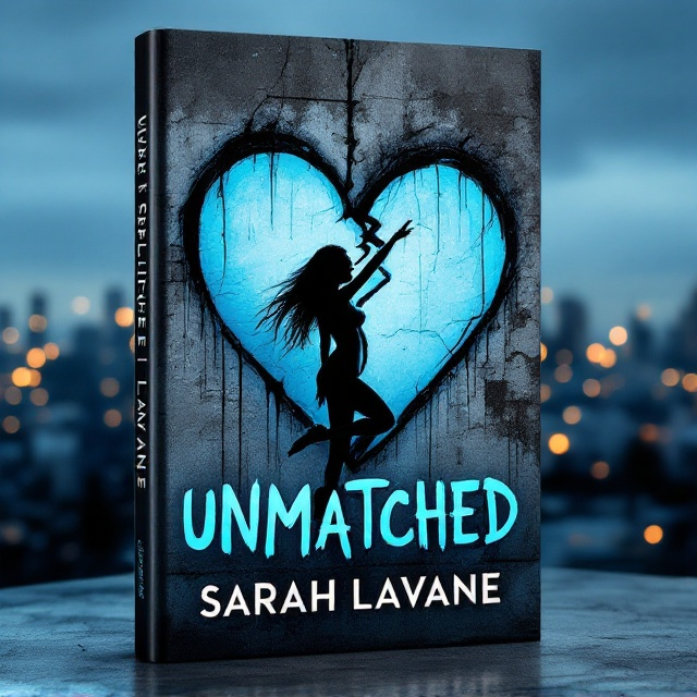 A graffiti-style artwork of a woman in silhouette hangs from a large, fractured heart painted on the side of a rugged concrete building. The woman's outline is vibrant and dynamic, suggesting motion and struggle, set against the monochrome texture of the building. City lights twinkle subtly in the background, suggesting a skyline at dusk, casting a soft glow that accentuates the mural. The color palette incorporates ice blue tones, conveying a sense of cold persistence mixed with underlying warmth from the city lights.