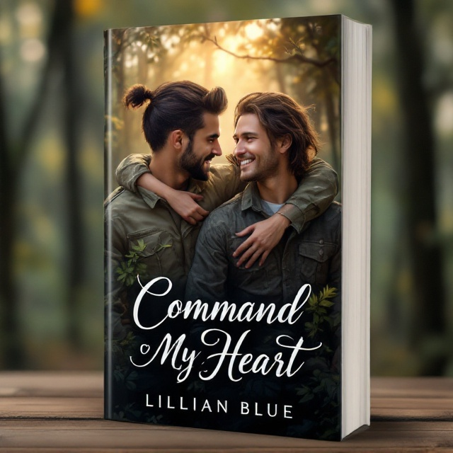 The cover features a serene and lush forest background with soft diffused sunlight filtering through the canopy, creating a romantic and dreamy atmosphere. In the foreground, two couples are depicted. The first couple, a dark-headed male with a man-bun gazes affectionately at a smiling blonde man. The second couple, positioned slightly behind, features a man with long dark hair giving a piggyback ride to a slender male with messy brown hair. They are all in detailed, realistic military uniforms, which are slightly worn yet impeccably illustrated to signify their bond and shared journeys.