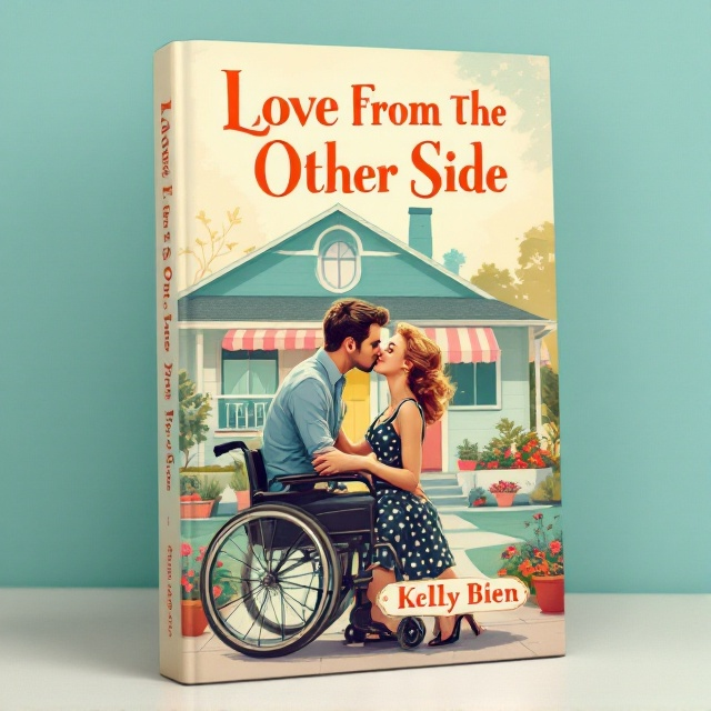 A vintage-style illustration portrays a vibrant scene with a rockabilly couple sharing a tender kiss in front of a charming mid-century house. The woman is in a wheelchair, elegantly dressed in a retro polka-dot dress. The background features soft pastels and gentle silhouettes of the house and garden, creating a nostalgic and heartwarming atmosphere.