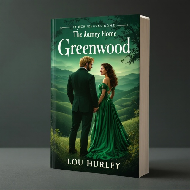 The cover features an illustration of a rolling landscape at dusk, bathed in soft emerald green hues, creating a serene yet mysterious atmosphere. On the center-left, a stocky male character with blonde hair partially covering his ears stands facing a slim female character with curly brown hair on the center-right. They are dressed in luxurious 1890s attire—his in a dark suit and hers in an elegant emerald gown—with faint shadows suggesting the onset of a dark plot twist as dusk descends. The background fades into deeper greens, enhancing the mood and connecting to the book's title.