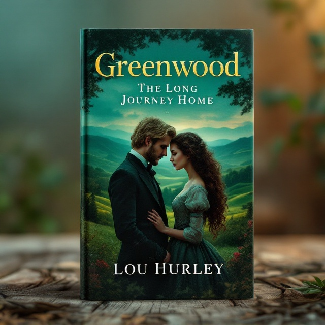 The cover features a picturesque landscape of rolling hills under the soft hues of a dusky sky. Positioned prominently are a man and a woman, dressed in authentic 1890s wealthy attire. The man has striking blonde hair that slightly obscures his ears, and the woman is thin with long flowing brown curly hair. They stand facing each other with longing expressions, creating a romantic yet mysterious ambiance. The background is richly draped in emerald green tones that accentuate the couple's presence.
