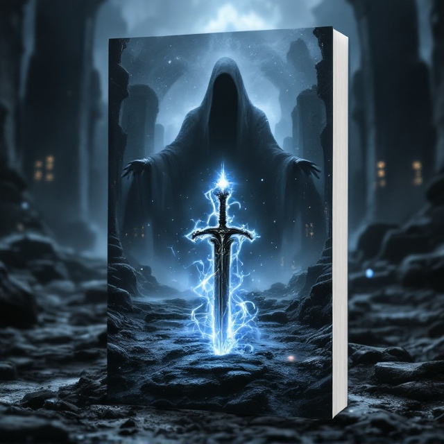 The cover showcases a dark, mist-laden landscape with ancient ruins in the background. In the foreground, a gleaming sword is half-buried in the ground, with ethereal magic wisps swirling around it. An ominous shadow of an old god looms in the mist, with faint, glowing symbols carved into the ancient stones. The color palette consists of deep grays, blues, and silvers, with hints of shadowy purples, conveying a grim and horror-filled atmosphere.