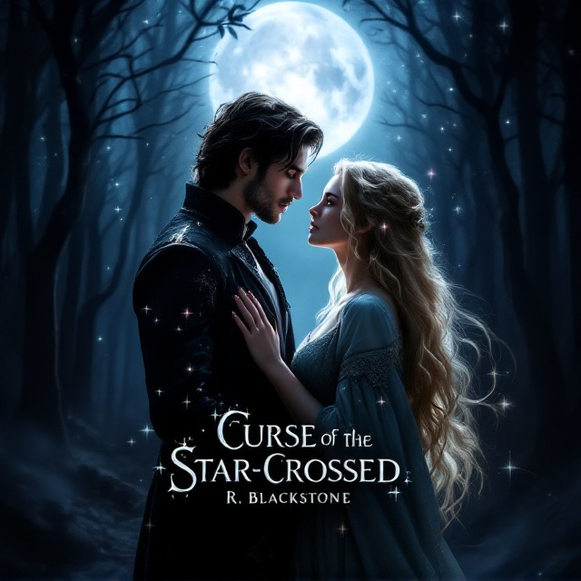 The cover features Edric and Valenna prominently in the center, their intense moment illuminated by a soft, ethereal glow. Edric stands confidently with his regal attire, and his dark, wavy hair catches the light. Valenna is slightly turned towards him, her blonde hair flowing gracefully with a faint star-like glow about her. To the left, Valarie lurks in the shadows, her menacing presence indicated by her glowing purple eyes and obscured face, enhancing the sinister emotion. On the right side, Aureth is positioned under the moonlight, his noble stance watching over the central pair, suggesting a protective yet distant role. The dark, mystical forest forms the background, creating an eerie yet magical atmosphere, while the moon casts an enigmatic glow over the entire scene.