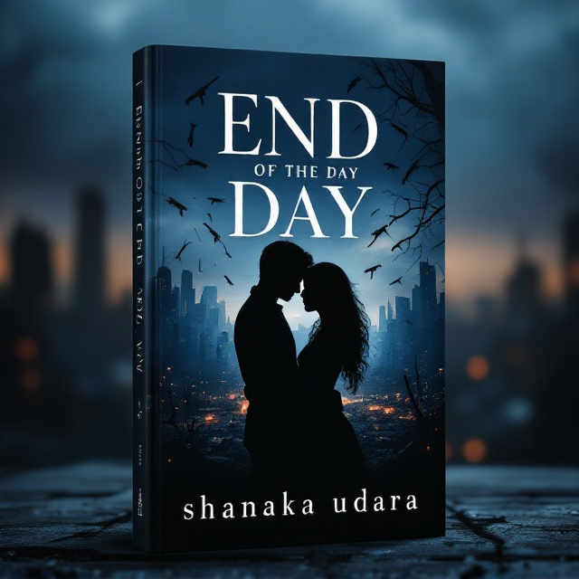 A moody, dark cover featuring a silhouette of a couple embracing in the foreground, with a backdrop of a war-torn cityscape. The couple's shadows are intertwined with subtle imagery of guns. The colors are a blend of deep blue and ash, creating a somber yet romantic tone. The sky transitions from dusk to night, further enhancing the thriller vibe.