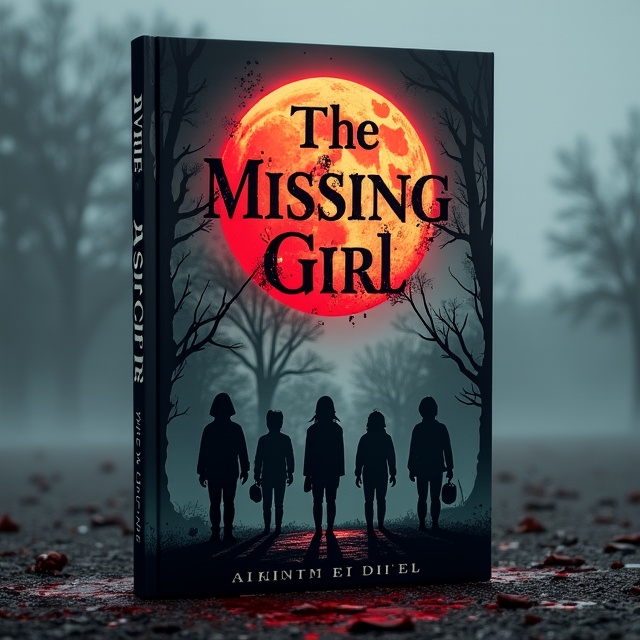 A haunting, derelict landscape with a fog-covered full moon in the backdrop. Silhouettes of children dressed as spies are subtly seen, splattered with blood, standing ominously amidst ghostly apparitions. The entire image is cast in a stark, eerie contrast with deep blacks and blood reds dominating the scene, while small blood splatters are strategically placed.