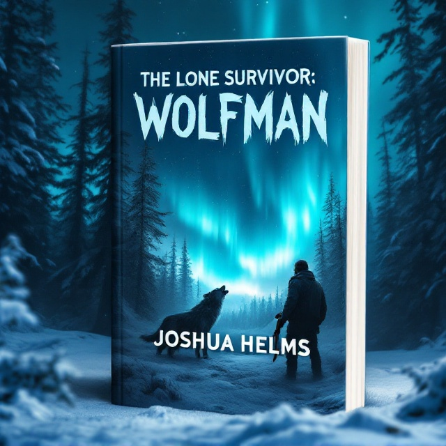 A chilling, dimly-lit snowy forest as the background, with tall shadowy trees extending towards the sides. In the center, a lone wolf, partially silhouetted against the northern lights, growling menacingly. In the foreground, a rugged man holding a rifle with a determined expression, facing the direction of the wolf. The sky is filled with enigmatic swirling colors of the aurora borealis.