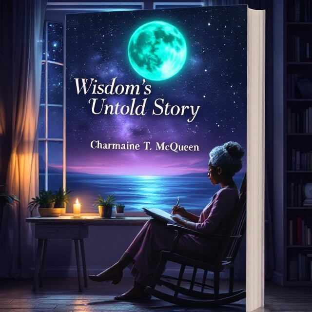 An elderly Black woman sits gracefully in a wooden rocking chair at a simple desk illuminated by the warm, golden glow of a candle. She is writing in a journal, her posture thoughtful yet serene. A large window to her left frames a vast night sky filled with stars, dominated by a glowing turquoise moon. Below the stars, the faint outline of a dark ocean is visible, reflecting hints of moonlight. The room is softly lit in shades of lavender and turquoise, giving a tranquil and reflective atmosphere. The background subtly blends into silhouettes of bookshelves, adding a sense of timeless wisdom.