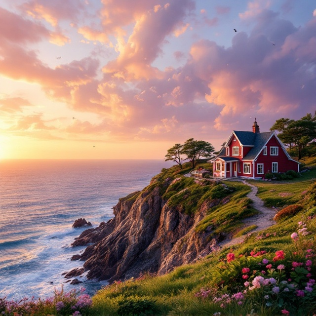 A picturesque red cottage is perched on a rugged green cliff overlooking the vast sea at sunset. The sky transitions from warm golden hues to subtle lavender, emphasizing nostalgia and love. A faint graphic of sheet music or music notes blends into the wind-swept clouds in the background. The ocean reflects the celestial colors of the sky and is calm yet vast. A melody of flowers in soft shades flutters around the cottage, subtly linking to the title. The entire scene appears bathed in a gentle glow, exuding warmth and sentimentality.