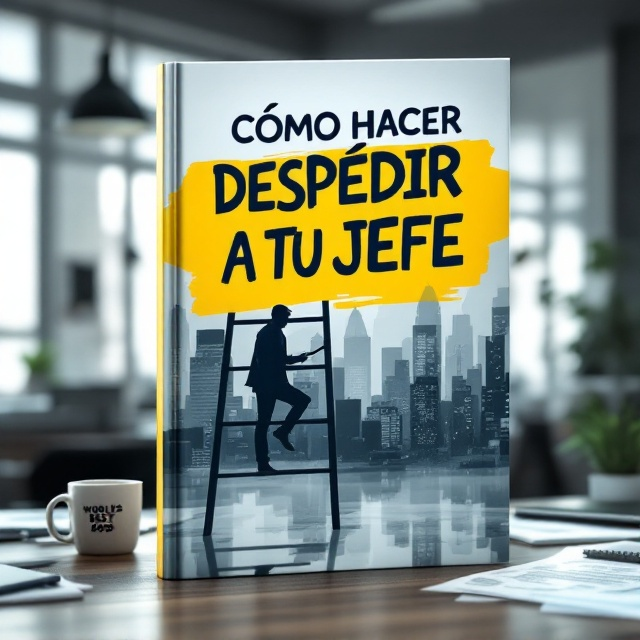 A realistic office setting dominates the entire cover with a modern desk in the foreground, complete with a computer, scattered papers, and a whimsical coffee mug reading "World's Best Boss." Overlapping this scene is faint imagery of a silhouette of a man climbing a corporate ladder, subtly blended into the background. A splash of vibrant yellow marks the subtitle area, giving it a lively and humorous edge.