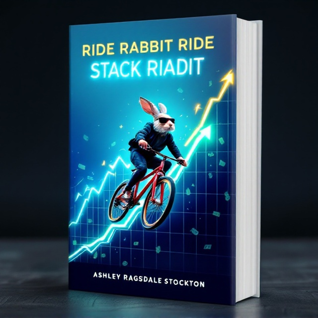 A dynamic and whimsical scene of a rabbit riding a sleek modern bike up a sharply inclined stock market chart with vibrant, upward-trending arrows. The rabbit is wearing a helmet and sunglasses for a fun, successful vibe. A glowing lightning bolt cuts across the background diagonally, connecting the motion of the rabbit with electrifying upward energy. Dollar bill signs shimmer subtly around the rabbit’s path. The background is a rich gradient of different shades of blue, transitioning from deep navy at the bottom to a bright sky blue at the top, with the stock market chart in white and green accents.