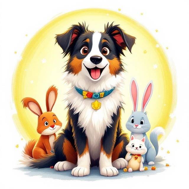 Koko the Border Collie is drawn in a lively, animated illustration style, sitting in the center of the cover with a warm, joyful expression, and wagging tail. Surrounding Koko in a circular arrangement are other friendly animal friends—a bunny, squirrel, bird, and cat—each in a playful pose to depict camaraderie. The background features a gentle white backdrop with soft pastel accents in a circular halo, radiating warmth and happiness. Subtle paw prints trail across the cover's perimeter, adding an additional element of charm.