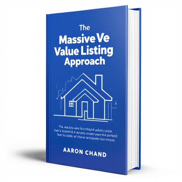 A sleek and minimalist design with a prominent blue background. At the center, a simple, modern graphic of a house with clean lines is emphasized. The house graphic integrates subtle lines or icons that symbolize growth and success in real estate (like an upward arrow or dollar sign subtly blended). The book title, "The Massive Value Listing Approach," is bold and oversized, positioned prominently in the upper-middle section of the cover. The author's name, “Aaron Chand,” is placed at the bottom in a smaller, yet legible font.