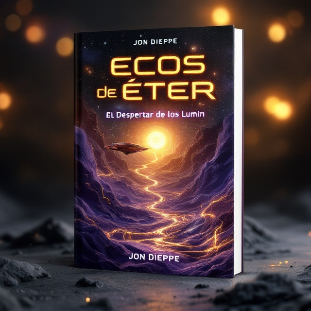 A vast, otherworldly abyss taking up the lower half of the cover is portrayed with swirling tones of purple and black, creating an enigmatic void. At its edges, tendrils of glowing, golden light emerge, resembling the Lumin awakening. Above the abyss, a futuristic spaceship is depicted, sleek and brimming with technological details, bathed in the same gold light. The background showcases an expansive cosmic sky filled with stars and distant galaxies, enhanced with hues of gold and dim purple.