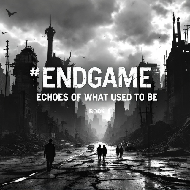 A desolate, black-and-white, ruined cityscape dominates the background. The skyline is fragmented, with crumbling skyscrapers and tangled, collapsed bridges. Overhead, an ominous, cloudy sky looms. Small details, like decayed cars and overgrown vegetation, hint at abandonment. In the foreground, silhouetted shadows of human figures stand on a cracked street, emphasizing danger and loss.