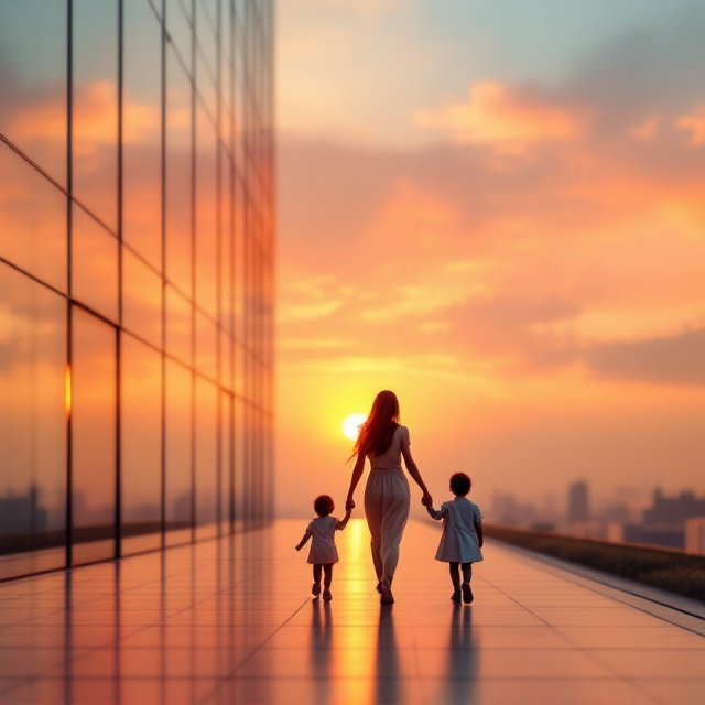 A serene background of a sunset, half-reflecting off the glass windows of a modern office building on one side and fading into gentle pastel tones on the other side, symbolizing the transition from a corporate life to motherhood. In the foreground, a woman is seen walking away from the office building, holding the tiny hands of two small children (twins). The dominance of warm colors exudes emotions of hope, independence, and new beginnings.