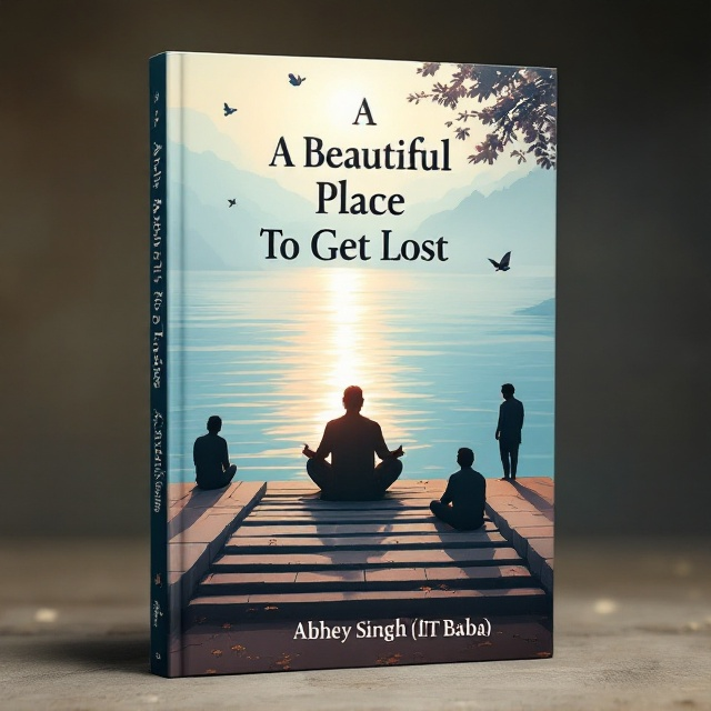 A panoramic illustration of the Ghats of Varanasi, with the River Ganga flowing serenely in soft hues of blue and gold, suggesting a tranquil sunrise or sunset. In the center of the composition, a peaceful Baba sits cross-legged, partially outlined in silhouette, subtly blending with nature. Silhouettes of two individuals are placed farther down the ghat steps, either walking away or sitting on the steps, enveloped in quiet contemplation. A butterfly and a bird, in delicate detail, take flight near the scene, symbolizing freedom and exploration.