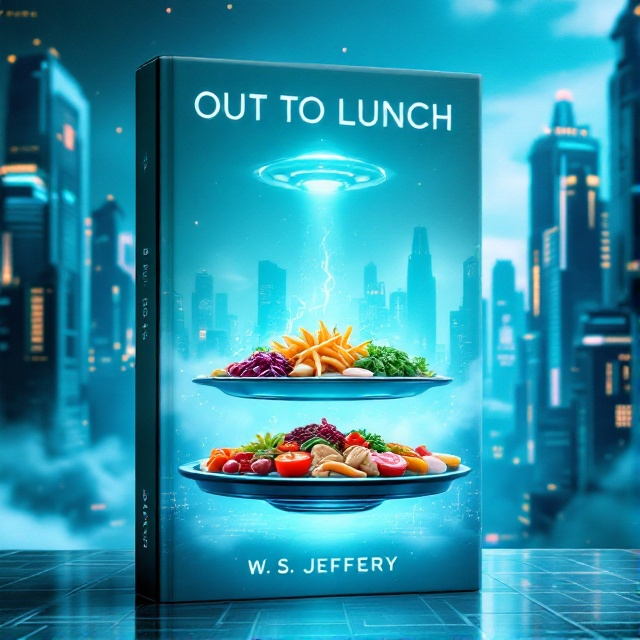 A futuristic cityscape in cyan hues sets the backdrop, with towering skyscrapers wrapped in glistening solar panels. In the foreground, a floating, rotating platter displaying diverse extraterrestrial dishes hovers mysteriously. Hints of steam and neon accents add a dynamic, otherworldly feel, while a subtle UFO silhouette blends into the skyline.