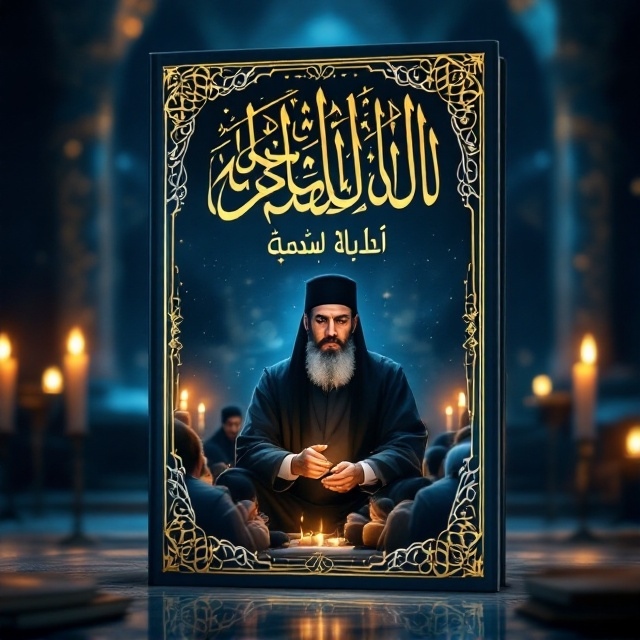 A serene scene featuring a dignified teacher with a black kopiah, surrounded by attentive students, set in a cozy, candle-lit majlis adorned with intricate Islamic patterns. The teacher is the focal point, exuding wisdom and serenity. The background features a palette of sky blue hues that imbue a sense of peace and spirituality, illuminated softly by the warm flicker of candles.