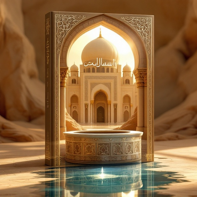 A serene historical setting depicting a grand ancient mosque with intricate Islamic architectural details framed by golden sunlight. A historically significant well (بئر) is placed in the foreground, adding richness and depth, reflecting its historical importance. A calm and glimmering pool of water (بركة) is vividly illustrated nearby, symbolizing tranquility and spirituality. The background has subtle desert hues and rolling hills, giving a sense of historical authenticity. Arabic calligraphy patterns act as a decorative element on the edges of the cover, subtly blending the culture into the design.