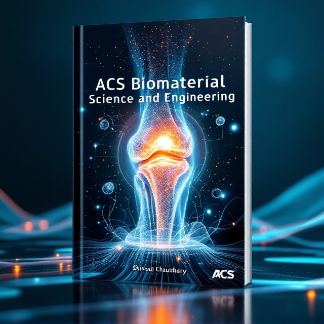 A futuristic scene with a holographic image of a knee joint at the center. Surrounding the knee joint are dynamic, swirling patterns representing Janus nanofibers interwoven with a translucent, gel-like substance. The background features a gradient of deep blues and teals, evoking a sense of advanced technology and innovation. In the upper portion, faint, abstract representations of cellular regeneration are subtly depicted as if growing toward the center.