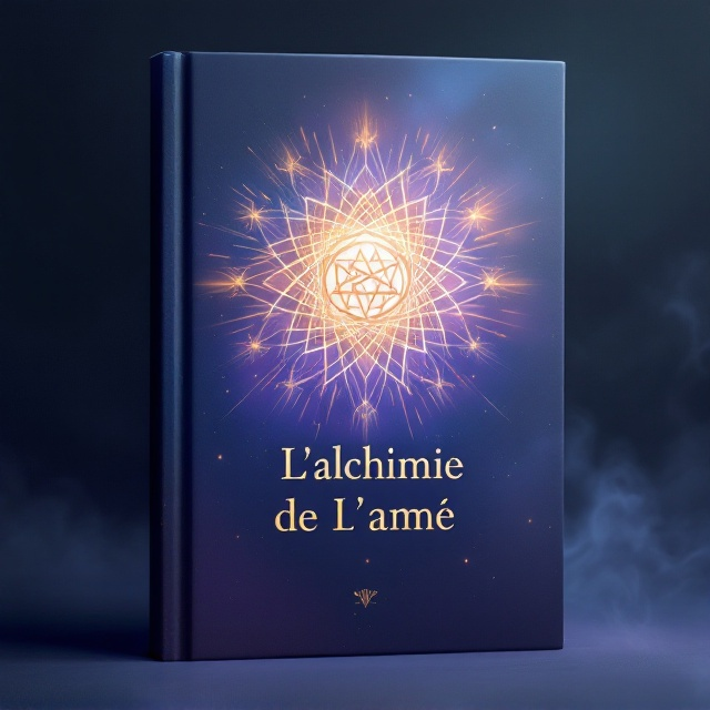 A serene gradient of deep indigo and smoky lavender dominates the background, symbolizing transcendence and spiritual awakening. At the center, a golden alchemical symbol is stylized to appear like a delicate mandala, radiating soft light. Subtly textured beams of light emerge from the mandala's core as if to suggest cosmic energy emanating from within. Wisps of ethereal smoke swirl at the edges of the cover, blending harmoniously into the gradient.