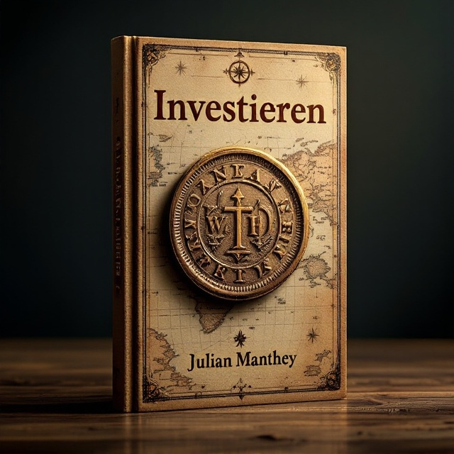 A minimalist yet bold design featuring a vintage map as the background, tinted with a sepia tone to evoke historical intrigue. Superimposed over the map is an ancient coin that's semi-transparent and enlarged, symbolizing investment across history. Subtle graphical elements like an aged compass rose faded into the corners emphasize the historical theme. The lighting effect creates a gradient from dark edges toward a brighter center, drawing the viewer's eye to the focal point.