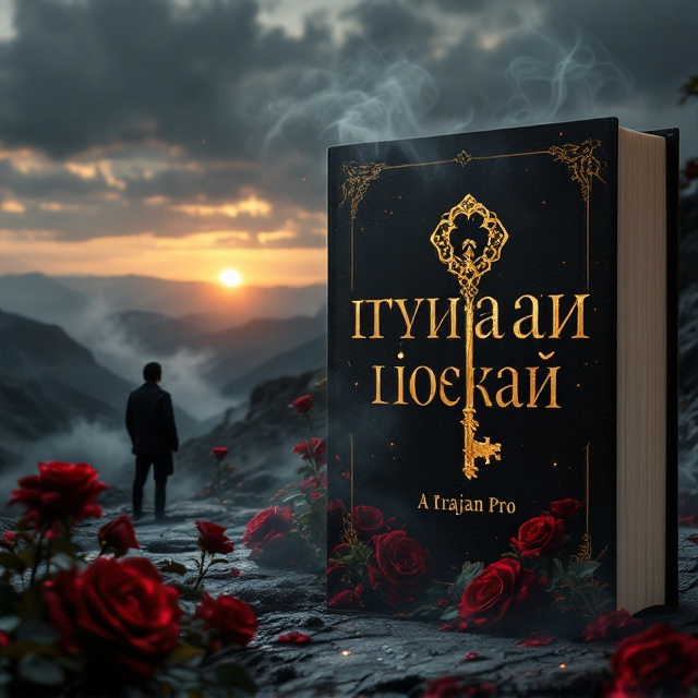 A mysterious scene with a key floating midair, softly glowing in gold light, unlocking a grand, intricately detailed treasure chest. The chest is surrounded by dark red roses creeping out onto a black, textured background, with faint wisps of smoke curling upward. In the distance, a figure stands on a high ridge gazing longingly toward a setting sun on the horizon, its glow layered subtly to suggest hope and discovery amidst mystery.