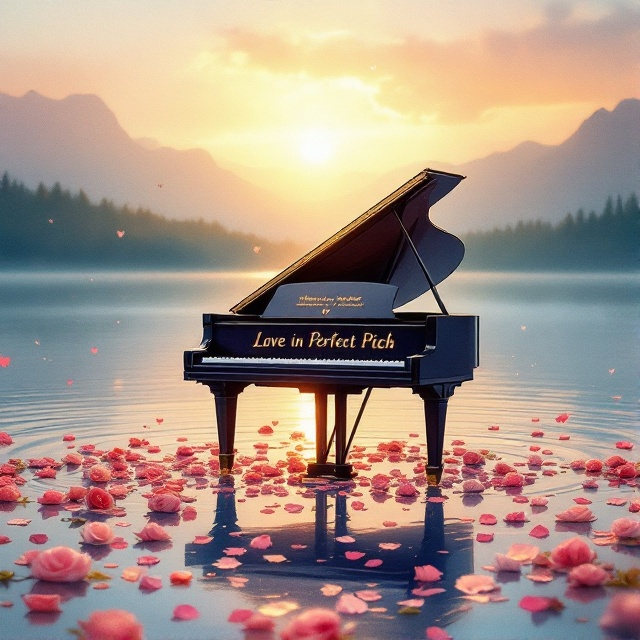 A soft, dreamy watercolor illustration of a grand piano sitting at the edge of a serene lake during sunset. The piano is open and surrounded by scattered rose petals gently cascading onto the water. In the background, faint golden light glows, symbolizing faith and hope, while subtle hearts and music notes float in the air.