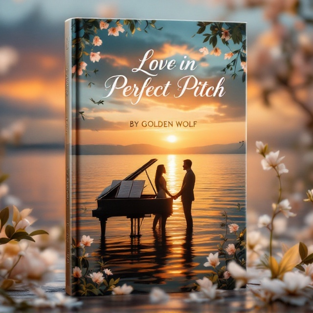 A serene lakeside setting at sunset, where soft orange and pink hues blend with the deep blues of the water. In the foreground, a grand piano partially submerged in the shallows reflects golden sunlight. Two silhouettes—a man and a woman—stand apart but face each other across the piano, with sheet music blowing in the breeze. Vines and soft flowers, in tones of blush and white, frame the edges of the cover, symbolizing growth and connection.