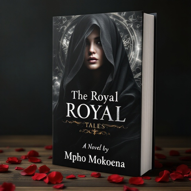 A mysterious woman in a flowing, dark veil occupies the center of the cover, her face partially visible, with a subtle tear glinting under the veil. The background is an interplay of dark black shadows and a soft white glow around her, creating a sense of contrast and intrigue. A faded symbol of a royal crown is etched faintly in the background, hinting at royalty and hidden secrets. Red rose petals scatter across the lower frame, adding an element of passion and danger.