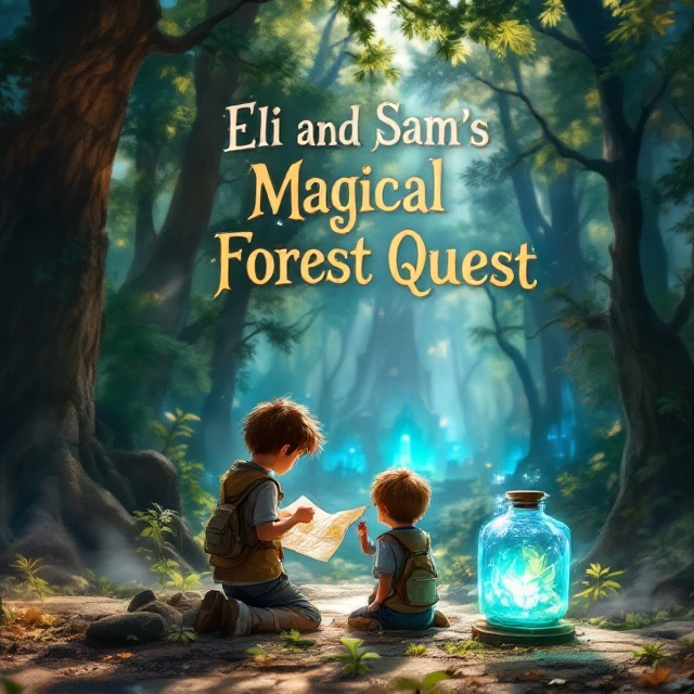 The cover features a mystical, sun-dappled forest setting, with towering trees and a dappled pattern of light and shadow. In the foreground, two brothers, one aged 6 and the other 2, are intently examining a map. Nearby, a glowing jar of magic liquid casts an ethereal light, adding a sense of wonder. The background is a blend of vibrant greens and soft, enchanted hues, with hints of mysterious structures peeking through the foliage.