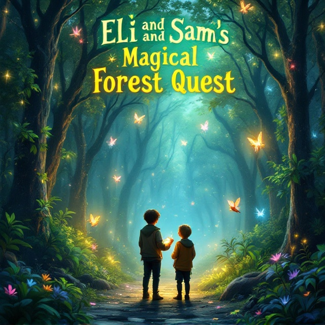 The cover features a vibrant and magical forest scene, dominated by towering, bioluminescent trees with shimmering leaves that reflect a mystical light. In the foreground, two young white brothers, aged 6 and 2, stand side by side, holding a map and a glowing jar filled with magical liquid. Far above, tiny fairies with iridescent wings can be seen, casting a gentle light from a distance. The forest is dense and lush, with patches of fog and luminous plants that add an eerie yet enchanting touch.