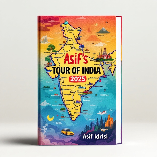 The cover features a detailed map of India, with a road highlighted that curves from Lucknow to Kerala. Key cities like Mumbai, Goa, Munnar, Thekkadi, Nagpur, Hyderabad, Bangalore, Mangalore, Kozhikode, Gokarna, Dudhsagar Waterfall, and Periyar Tiger Reserve are marked prominently. Illustrations of a car journey, a boat safari in Periyar, and a jungle safari in Dudhsagar are artistically placed around the map, symbolizing the travel journey. The background features a gradient of vibrant colors representing the diversity of India's landscapes and cultures.