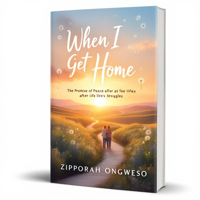 A serene sunset landscape with soft, warm colors—shades of gold, orange, and lavender fading into a tranquil blue sky. In the foreground is a narrow winding path leading through a gently rolling meadow, symbolizing life’s journey. Dandelion seeds float in the air, evoking a sense of release, hope, and peace. A silhouette of an embracing family stands in the distance, facing the horizon, suggesting unity and healing.