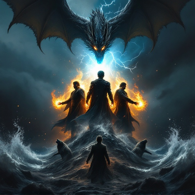 A dark, stormy sky looms over the cover, with deep hues of black and navy mixed with occasional flashes of vivid lightning. Four male saints stand back-to-back in the midground, each radiating their respective powers—one commands roaring flames, another controls fierce winds swirling around him, the third holds glowing streams of water rising like serpents, and the fourth radiates piercing, divine light from his outstretched hand. Beneath them, a dark sea churns violently, filled with snarling wolves bursting forth from the waves like sinister shadows. Above the scene, a massive dragon with glowing, iridescent eyes arcs dramatically through the sky, its wings cutting across the stormy heavens. A young man in the foreground, cloaked in shadows, summons dark, pulsating black matter from his outstretched hands.