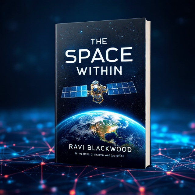 The cover features a sleek, metallic satellite prominently in the foreground, with its solar panels detailed and reflecting ambient space light. Below the satellite, Earth is partially illuminated, showcasing vivid blues and greens transitioning into the shadowed night. Surrounding the scene is a deep, starry background, interwoven with faint red lines that create an abstract network pattern. This setting evokes a sense of depth and grandeur while subtly indicating hidden interconnections.