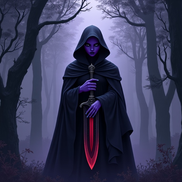A shadowy, mystic forest serves as the background, bathed in a dim, ethereal glow. In the foreground stands a dark elf with deep purple skin, his silhouette sharp and angular under a black cloak. He grips two daggers, blending red and black hues, their gleaming edges hinting at enigma and danger. A faint shadow of a female figure is subtly integrated, symbolizing the elf's pursuit of his sister.